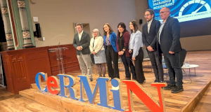 Patxi Vera, Defensor del Pueblo; Mariluz Sanz, Presidenta de CERMIN; Olga Sala, Subdirectora de Valoración y Servicios de la Agencia Navarra de Autonomía y Desarrollo de las Personas; Ainhoa Trébol, Jefa de la Sección de Servicios para Personas con Discapacidad de la Agenda Navarra para la Autonomía y Desarrollo de las Personas; Lorena Burriel, colaboradora de CERMIN; Joseba Asiain,  Director general de Presidencia, Gobierno Abierto y Relaciones con el Parlamento de Navarra; José Antonio Delgado, gerente de ADISCO y Tesorero de CERMIN.